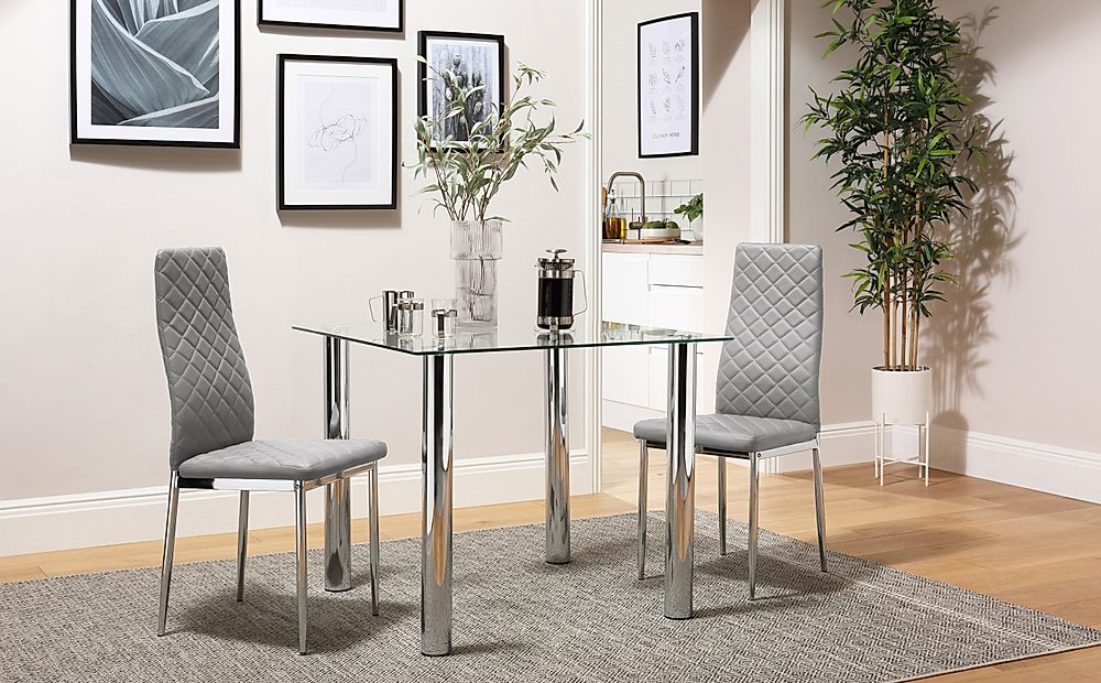 Nova Square Dining Table & 2 Renzo Chairs, Glass & Chrome, Light Grey Classic Faux Leather, 90cm