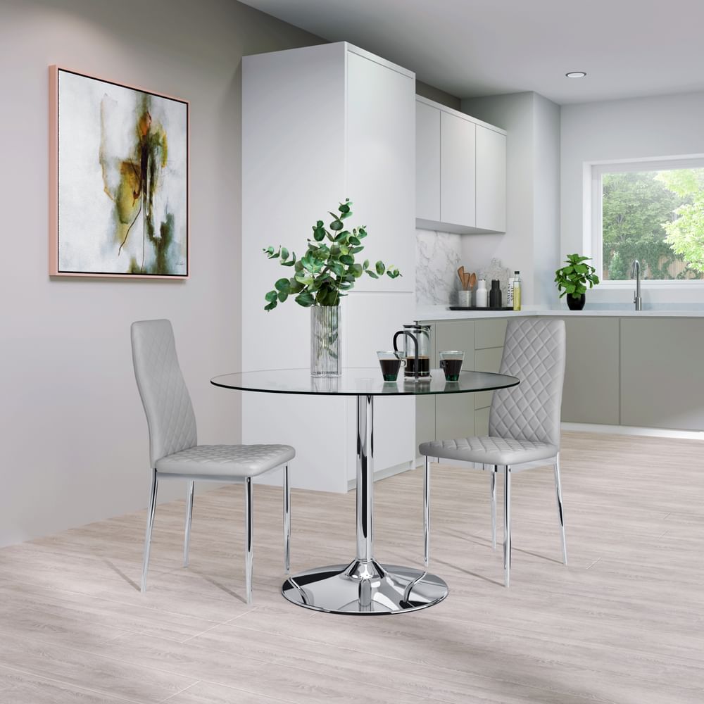 Orbit Round Dining Table & 2 Renzo Chairs, Glass & Chrome, Light Grey Classic Faux Leather, 110cm