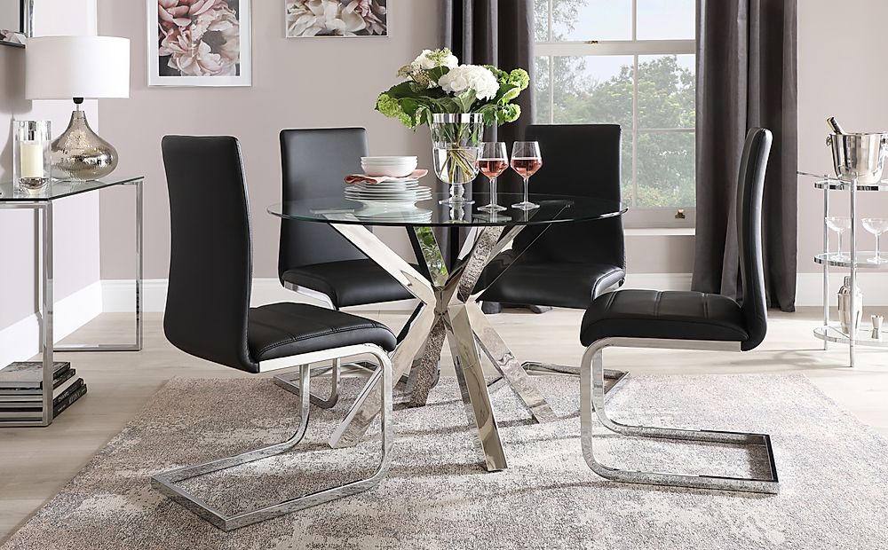 Plaza Round Dining Table & 4 Perth Chairs, Glass & Chrome, Black Classic Faux Leather, 110cm