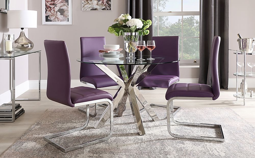 Plaza Round Dining Table & 4 Perth Chairs, Glass & Chrome, Purple Classic Faux Leather, 110cm