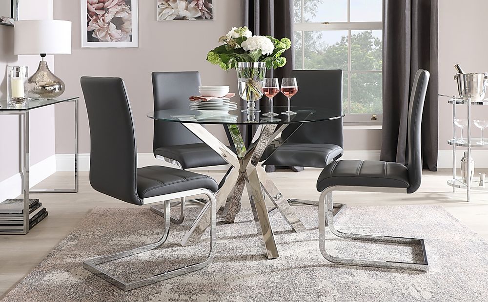 Plaza Round Dining Table & 4 Perth Chairs, Glass & Chrome, Grey Classic Faux Leather, 110cm