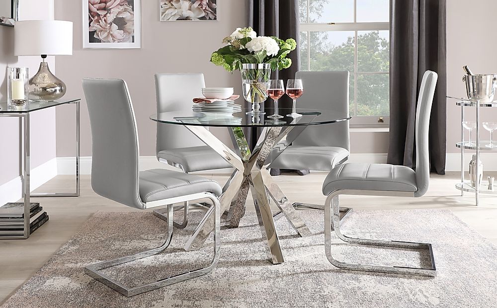 Plaza Round Dining Table & 4 Perth Chairs, Glass & Chrome, Light Grey Classic Faux Leather, 110cm