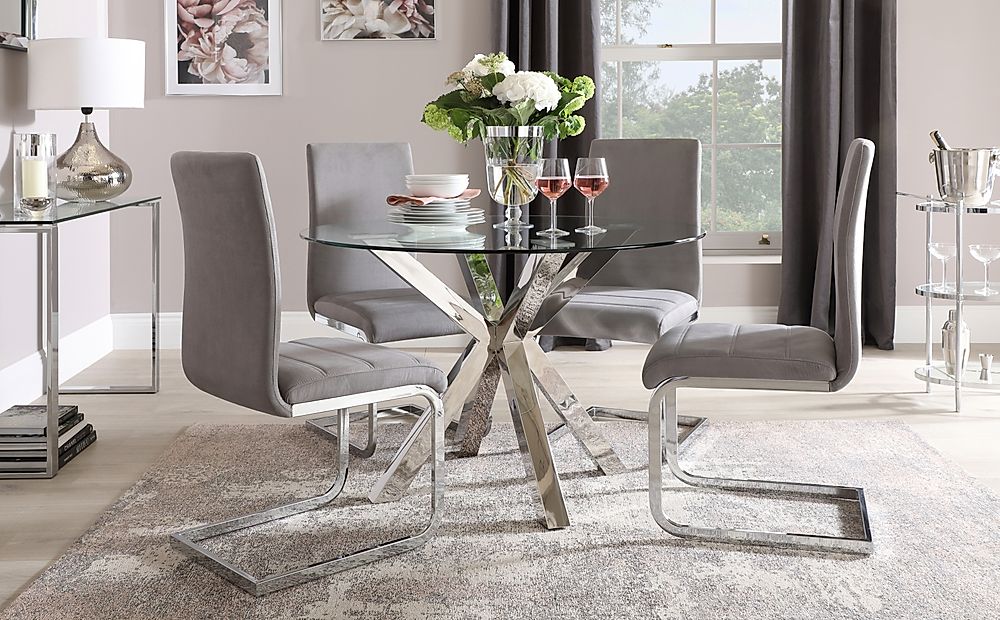 Glass Dining Table, Round Dining Table With Grey Velvet Chairs