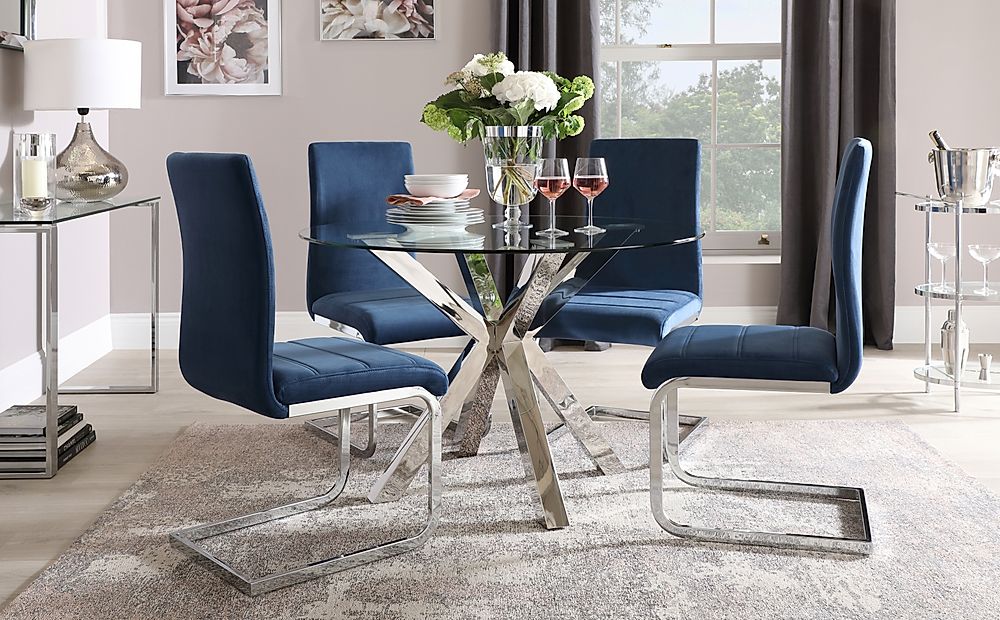 Plaza Round Chrome And Glass Dining, Round Dining Table With Blue Velvet Chairs