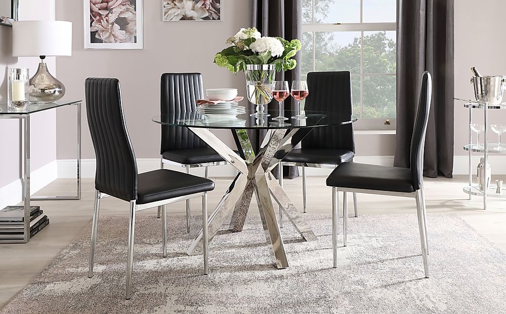 Plaza Round Dining Table & 4 Leon Chairs, Glass & Chrome, Black Classic Faux Leather, 110cm