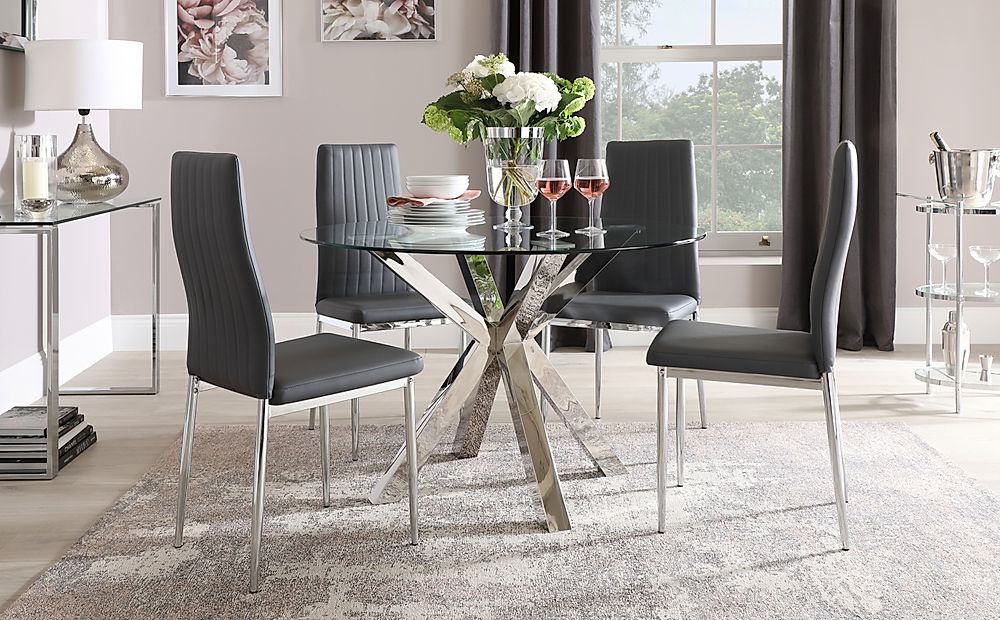 Plaza Round Dining Table & 4 Leon Chairs, Glass & Chrome, Grey Classic Faux Leather, 110cm