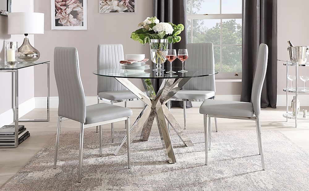 Plaza Round Dining Table & 4 Leon Chairs, Glass & Chrome, Light Grey Classic Faux Leather, 110cm