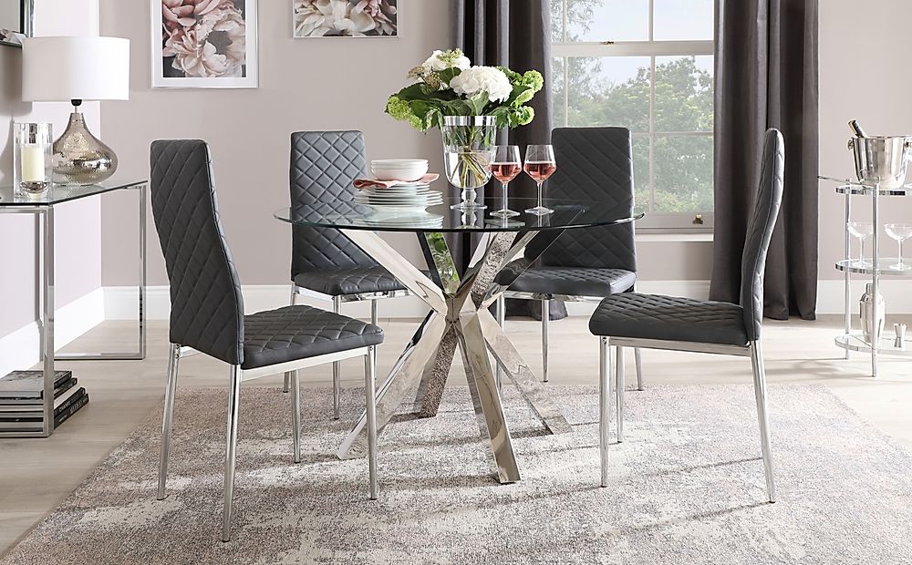 Plaza Round Dining Table & 4 Renzo Chairs, Glass & Chrome, Grey Classic Faux Leather, 110cm