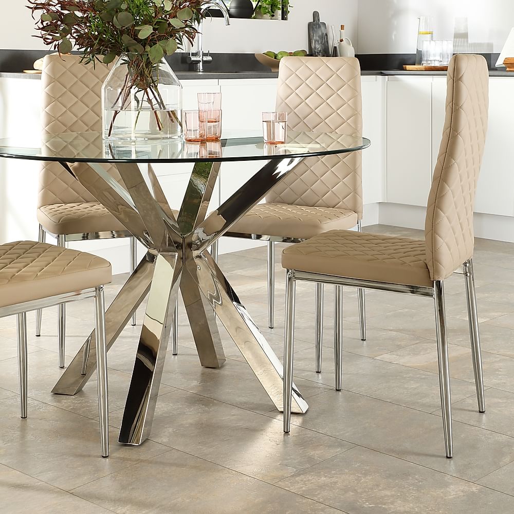 Plaza Round Dining Table & 4 Renzo Chairs, Glass & Chrome, Stone Grey Classic Faux Leather, 110cm
