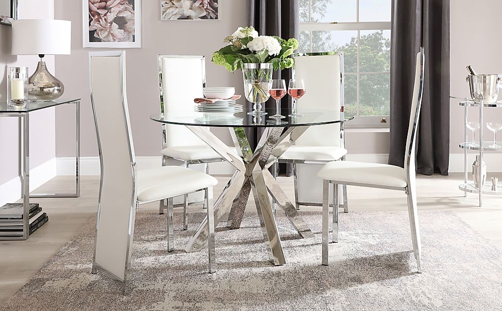 Plaza Round Dining Table & 4 Celeste Chairs, Glass & Chrome, White Classic Faux Leather, 110cm