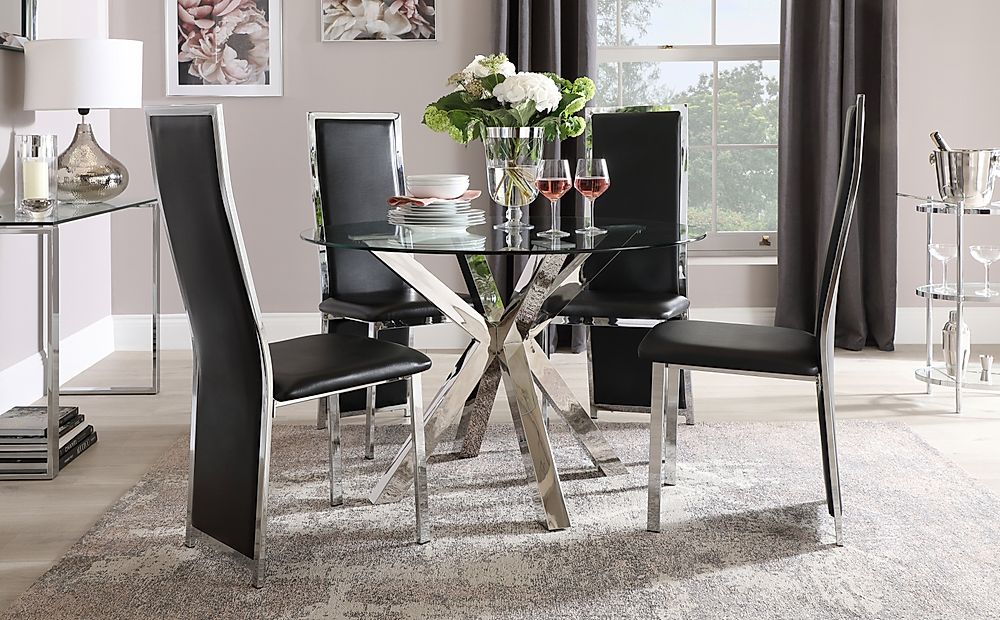 Plaza Round Dining Table & 4 Celeste Chairs, Glass & Chrome, Black Classic Faux Leather, 110cm