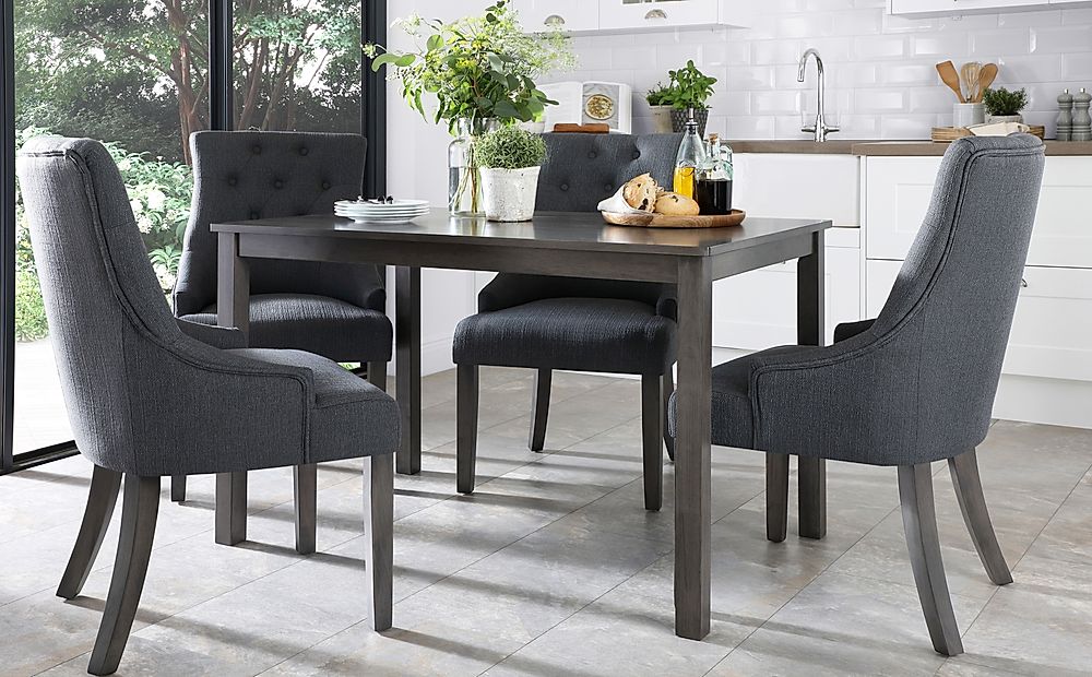 Milton Dining Table & 4 Duke Chairs, Grey Solid Hardwood, Slate Grey Classic Linen-Weave Fabric, 120cm