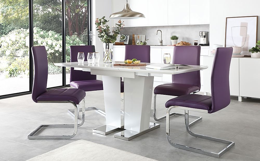 High Gloss Extending Dining Table, Purple And Grey Dining Room Chairs Leather