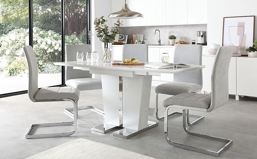 White Gloss Dining Table With Grey Fabric Chairs / Flip Top Dining