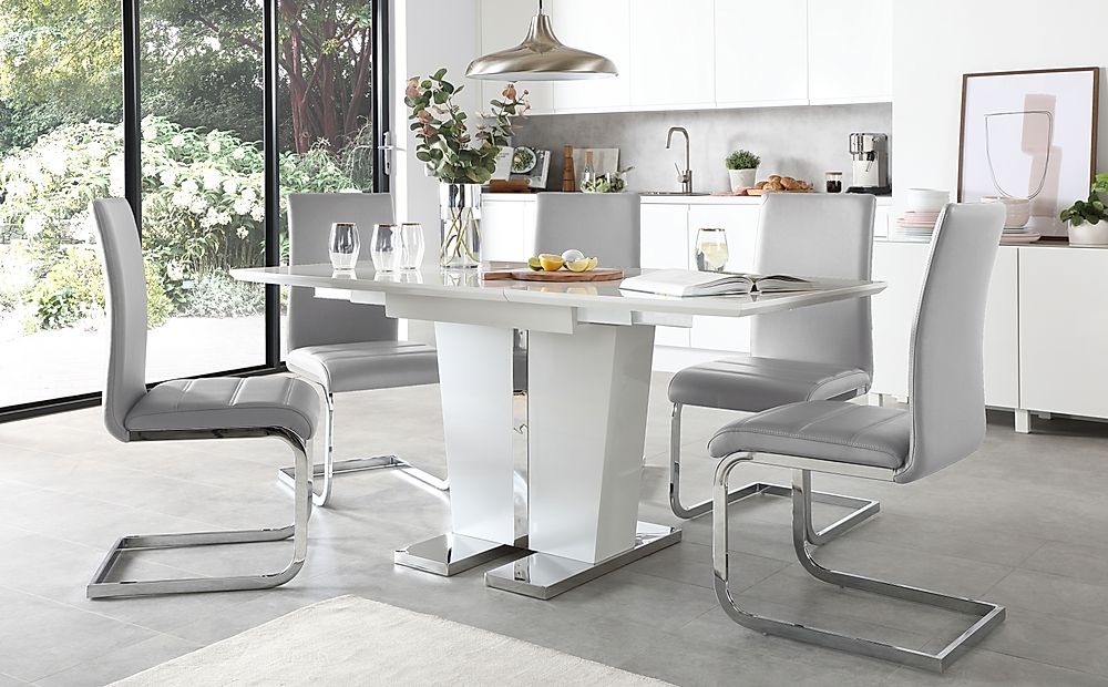 Vienna White High Gloss Extending Dining Table with 4 Perth Light Grey Leather Chairs ...