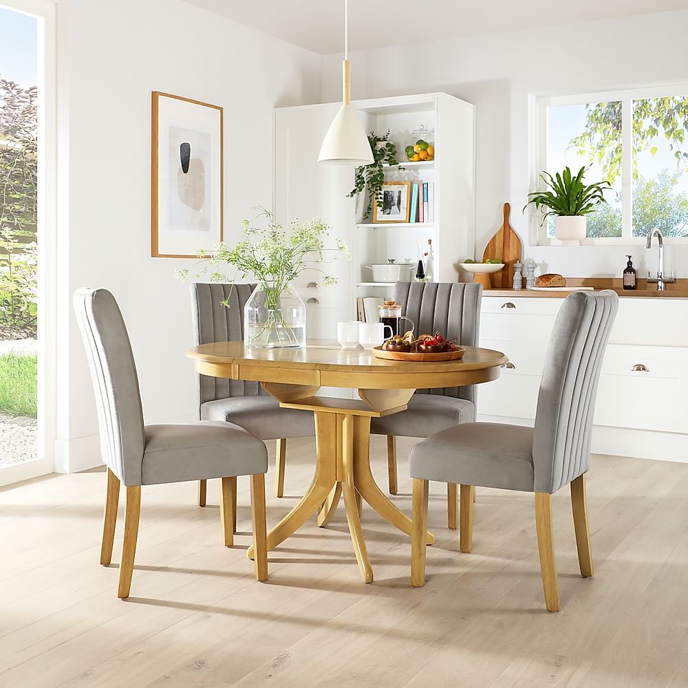Hudson Round Extending Dining Table & 4 Salisbury Chairs, Natural Oak Finished Solid Hardwood, Grey Classic Velvet, 90-120cm