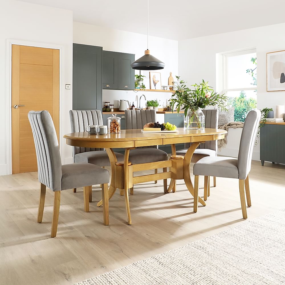 Townhouse Oval Extending Dining Table & 4 Salisbury Chairs, Natural Oak Finished Solid Hardwood, Grey Classic Velvet, 150-180cm