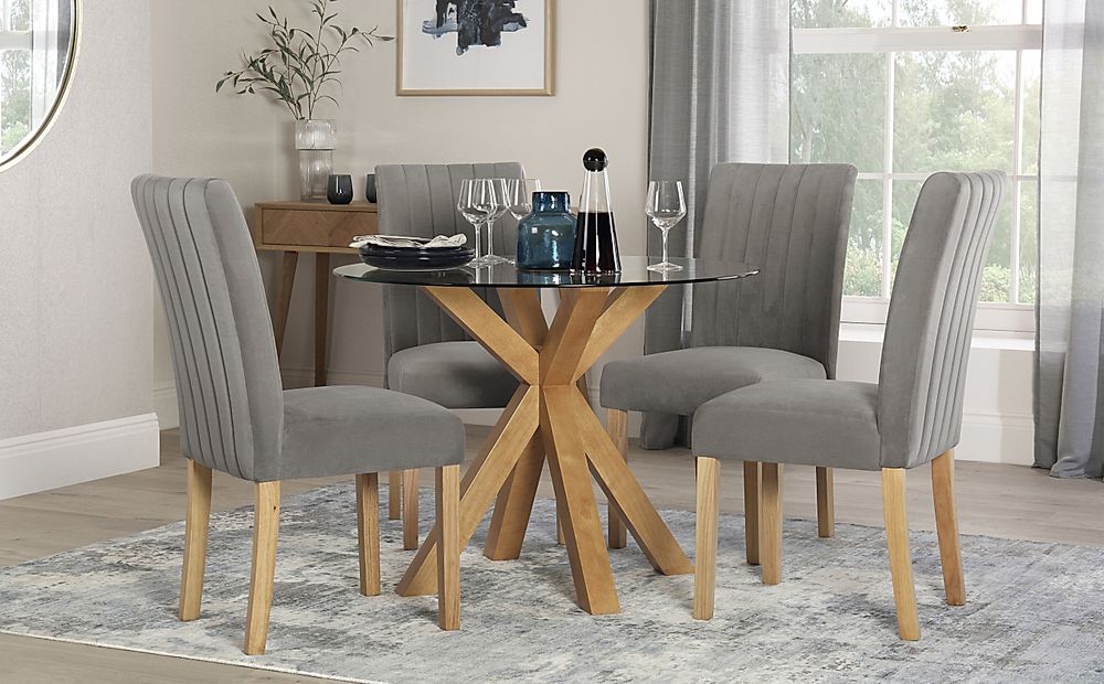 Hatton Round Dining Table & 4 Salisbury Chairs, Glass & Natural Oak Finished Solid Hardwood, Grey Classic Velvet, 100cm