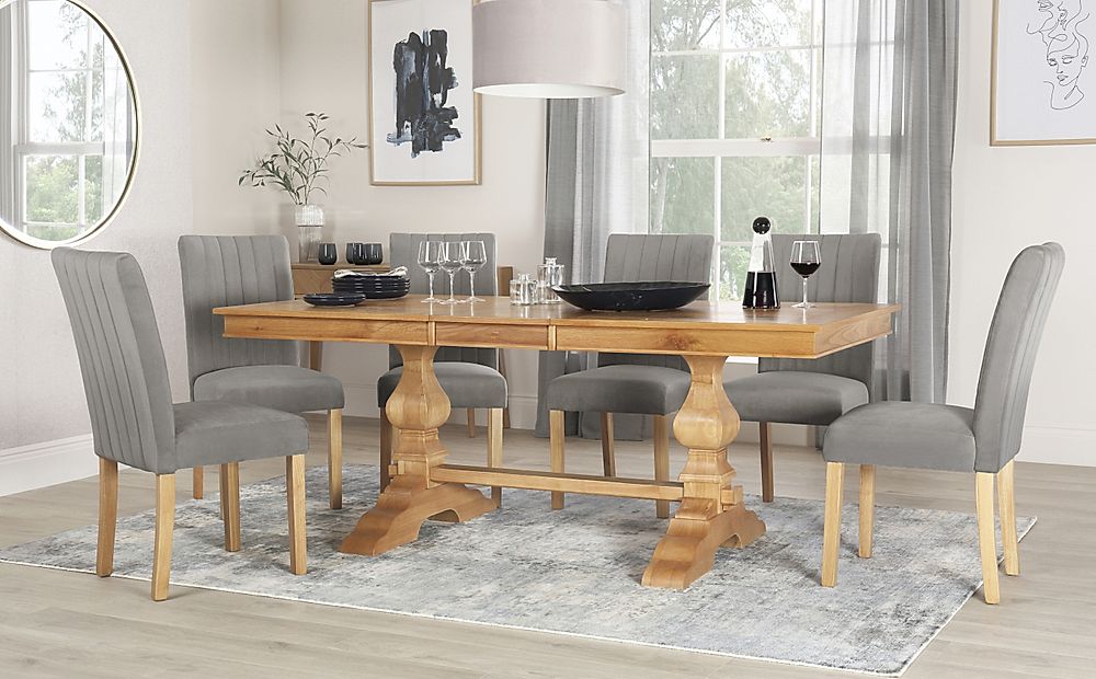 Cavendish Extending Dining Table & 4 Salisbury Chairs, Natural Oak Veneer & Solid Hardwood, Grey Classic Velvet & Natural Oak Finished Solid Hardwood, 160-200cm