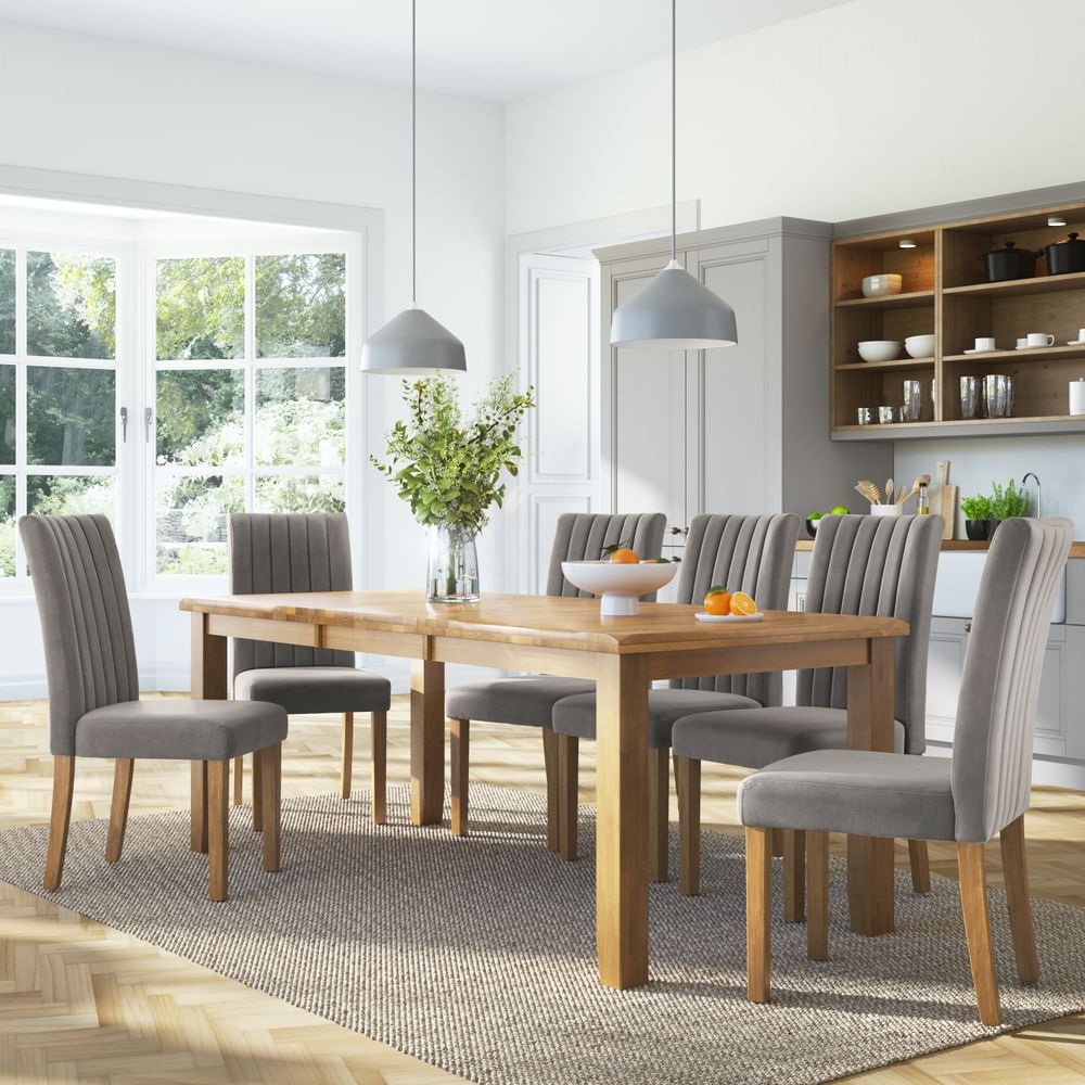 Highbury Extending Dining Table & 6 Salisbury Chairs, Natural Oak Finished Solid Hardwood, Grey Classic Velvet, 150-200cm