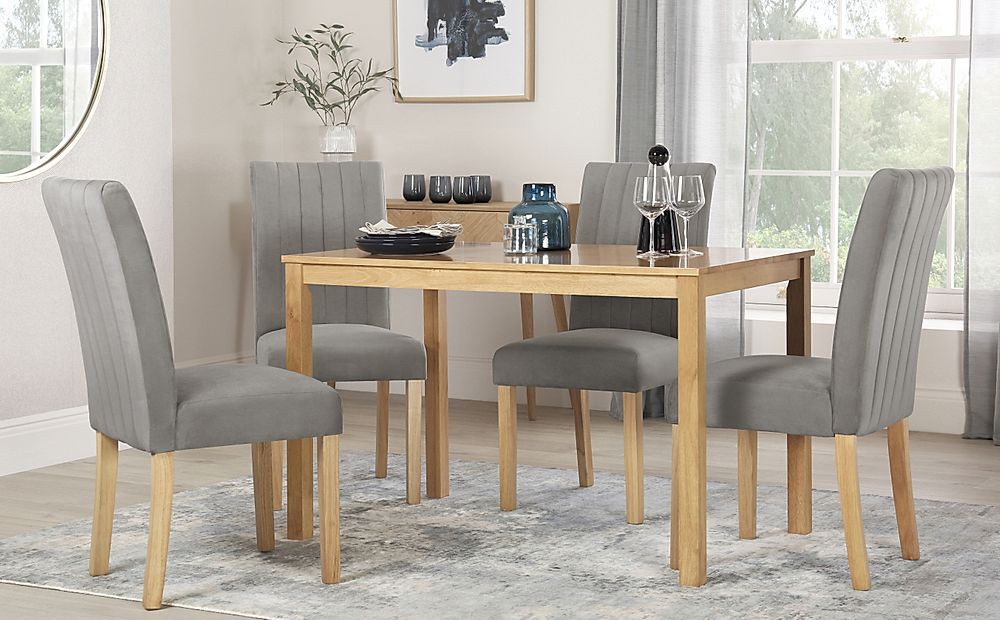 Milton Dining Table & 4 Salisbury Chairs, Natural Oak Finished Solid Hardwood, Grey Classic Velvet, 120cm