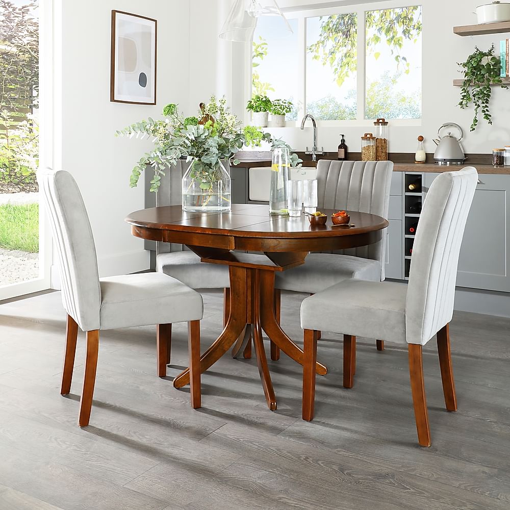 Hudson Round Extending Dining Table & 4 Salisbury Chairs, Dark Solid Hardwood, Grey Classic Velvet, 90-120cm