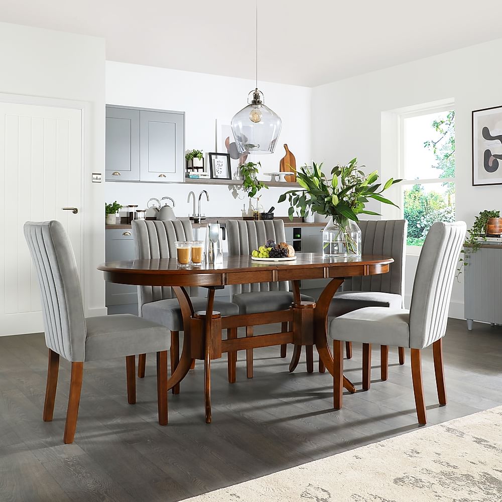 Townhouse Oval Extending Dining Table & 4 Salisbury Chairs, Dark Solid Hardwood, Grey Classic Velvet, 150-180cm