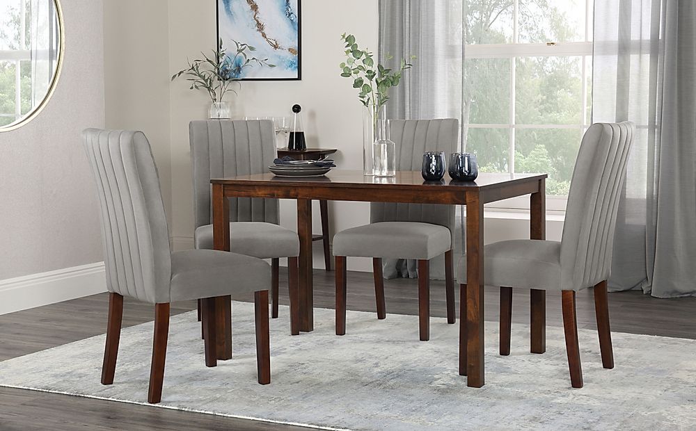 Milton Dining Table & 4 Salisbury Chairs, Dark Solid Hardwood, Grey Classic Velvet, 120cm