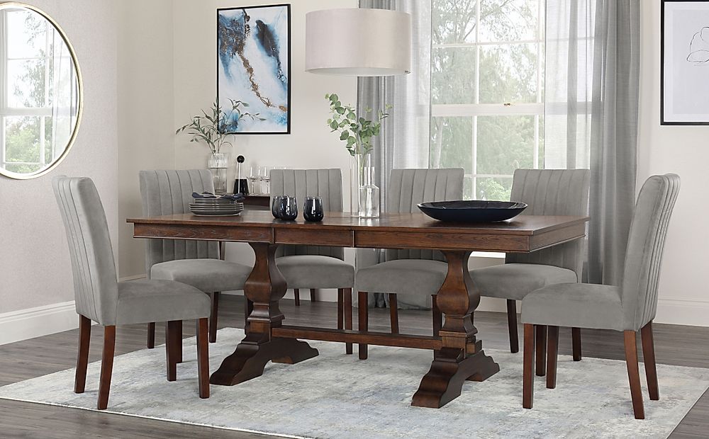 Cavendish Extending Dining Table & 4 Salisbury Chairs, Dark Oak Veneer & Solid Hardwood, Grey Classic Velvet & Dark Solid Hardwood, 160-200cm