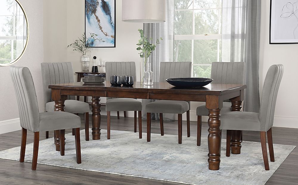 Hampshire Extending Dining Table & 4 Salisbury Chairs, Dark Solid Hardwood, Grey Classic Velvet, 150-200cm