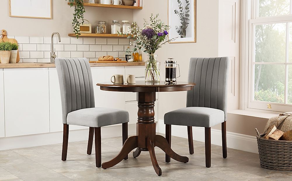 Kingston Round Dining Table & 2 Salisbury Chairs, Dark Solid Hardwood, Grey Classic Velvet, 90cm