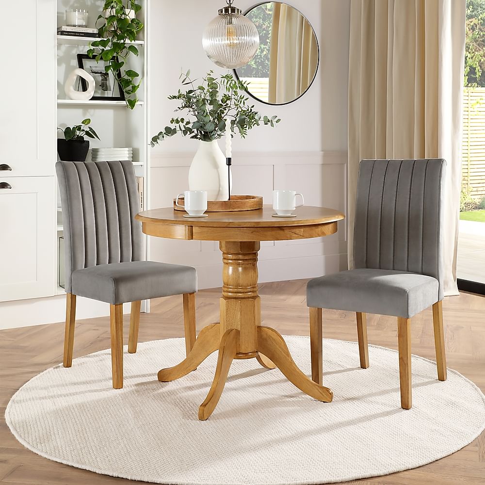 Kingston Round Dining Table & 2 Salisbury Chairs, Natural Oak Finished Solid Hardwood, Grey Classic Velvet, 90cm