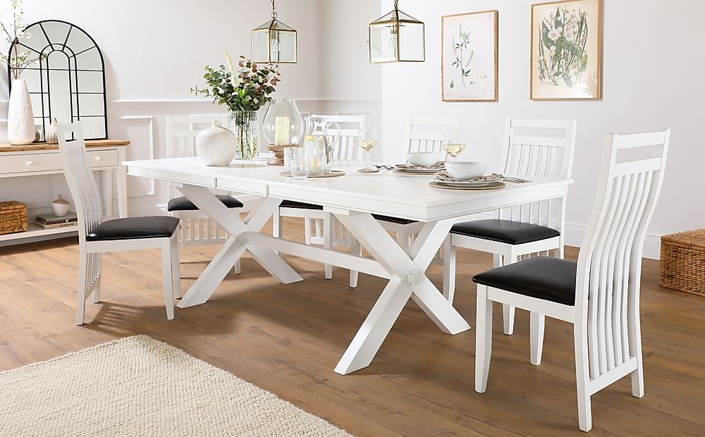 Grange Extending Dining Table & 8 Java Chairs, White Wood, Black Classic Faux Leather, 180-220cm