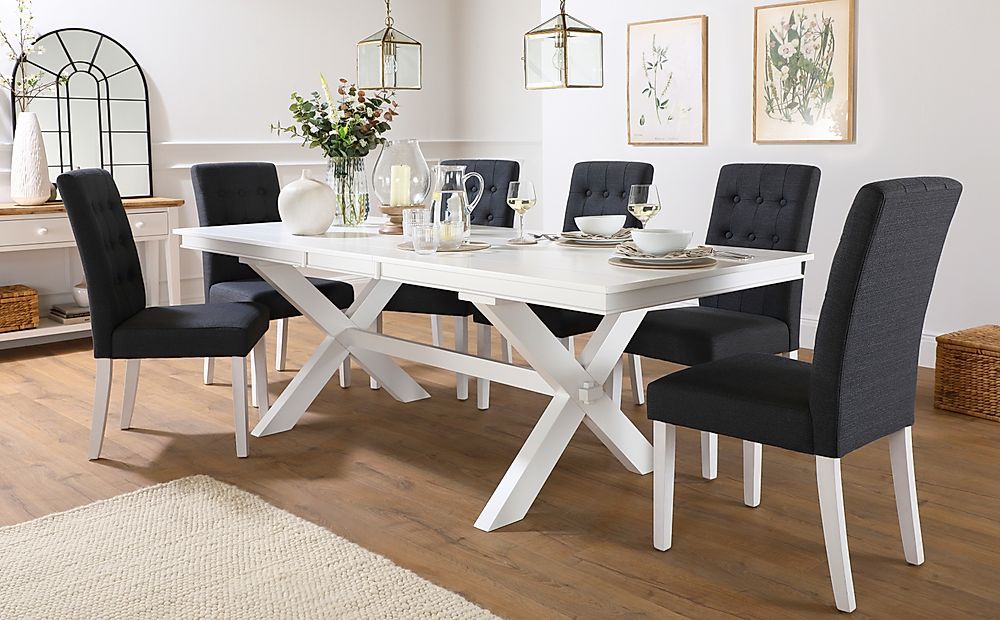 Grange Extending Dining Table & 6 Regent Chairs, White Wood, Slate Grey Classic Linen-Weave Fabric, 180-220cm