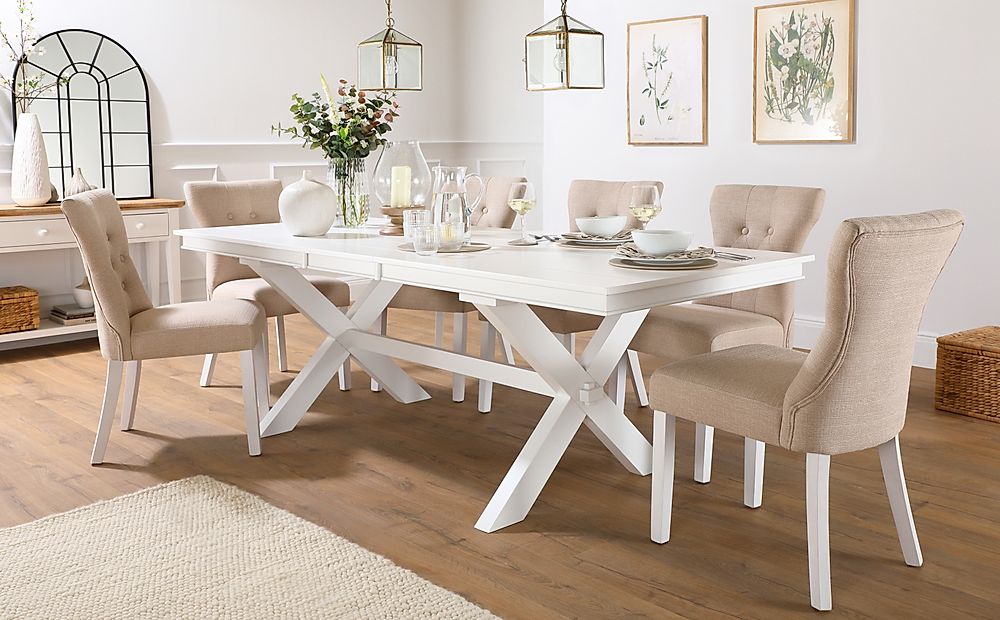 Grange Extending Dining Table & 6 Bewley Chairs, White Wood, Oatmeal Classic Linen-Weave Fabric, 180-220cm