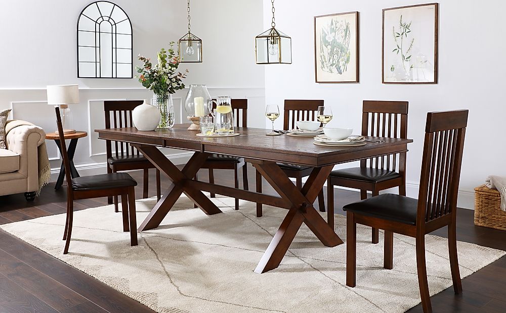 Grange Extending Dining Table & 4 Oxford Chairs, Dark Oak Veneer & Solid Hardwood, Brown Classic Faux Leather & Dark Solid Hardwood, 180-220cm