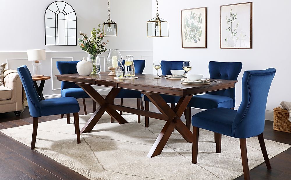 Grange Dark Wood Extending Dining Table, Light Blue Velvet Dining Room Chairs