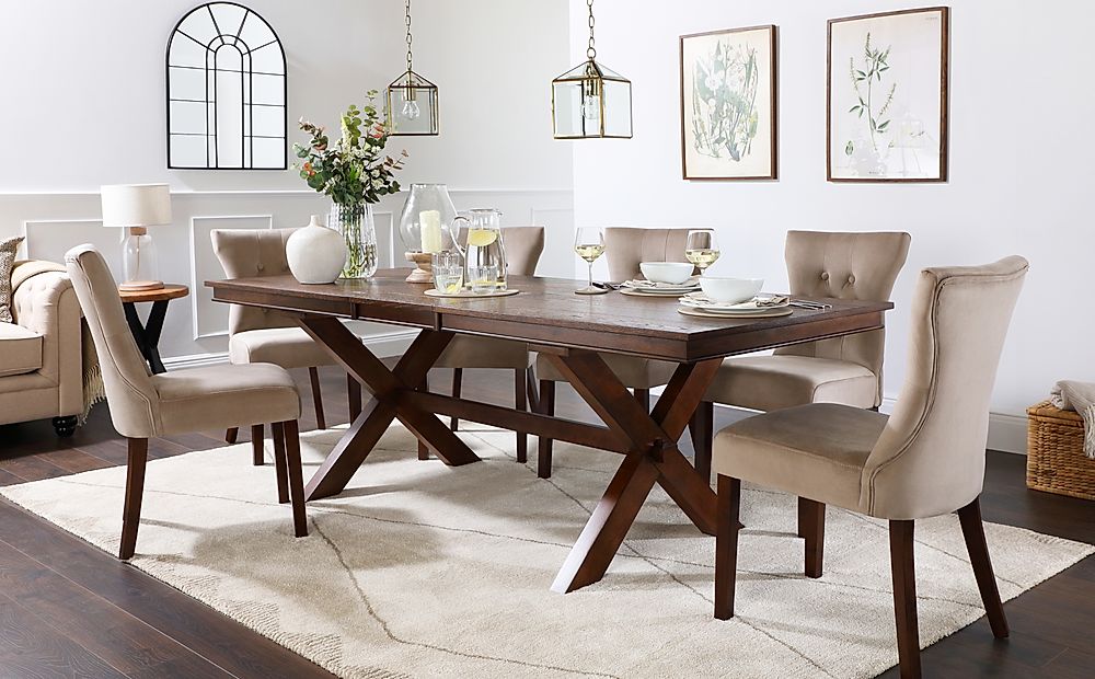 Grange Extending Dining Table & 8 Bewley Chairs, Dark Oak Veneer & Solid Hardwood, Champagne Classic Velvet & Dark Solid Hardwood, 180-220cm