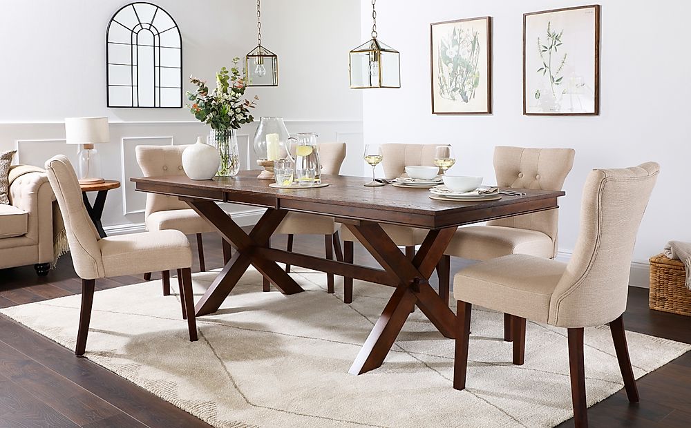 Grange Extending Dining Table & 4 Bewley Chairs, Dark Oak Veneer & Solid Hardwood, Oatmeal Classic Linen-Weave Fabric & Dark Solid Hardwood, 180-220cm