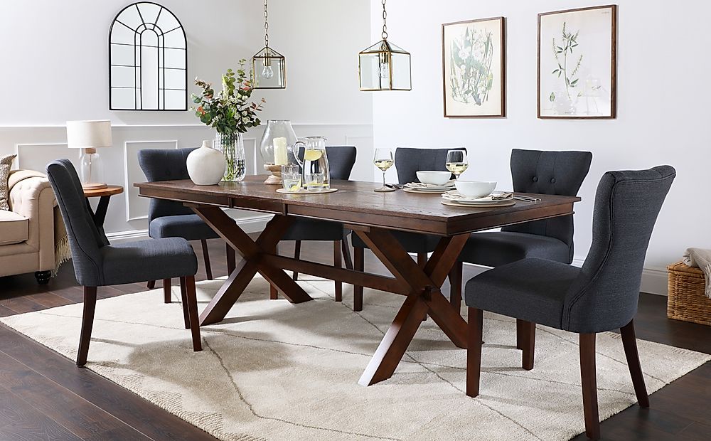 Grange Extending Dining Table & 6 Bewley Chairs, Dark Oak Veneer & Solid Hardwood, Slate Grey Classic Linen-Weave Fabric & Dark Solid Hardwood, 180-220cm