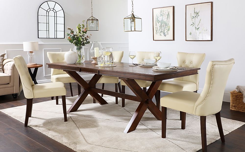 Grange Extending Dining Table & 6 Bewley Chairs, Dark Oak Veneer & Solid Hardwood, Ivory Classic Faux Leather & Dark Solid Hardwood, 180-220cm