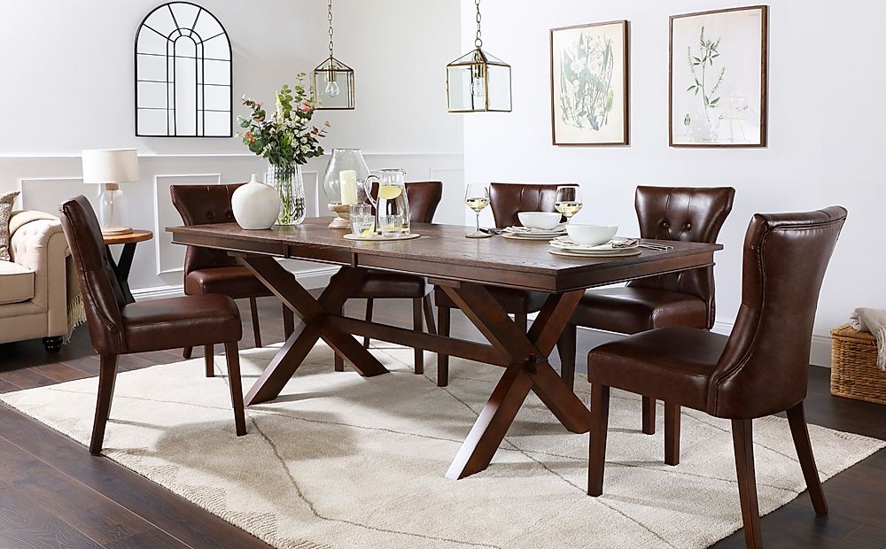 Grange Extending Dining Table & 6 Bewley Chairs, Dark Oak Veneer & Solid Hardwood, Club Brown Classic Faux Leather & Dark Solid Hardwood, 180-220cm