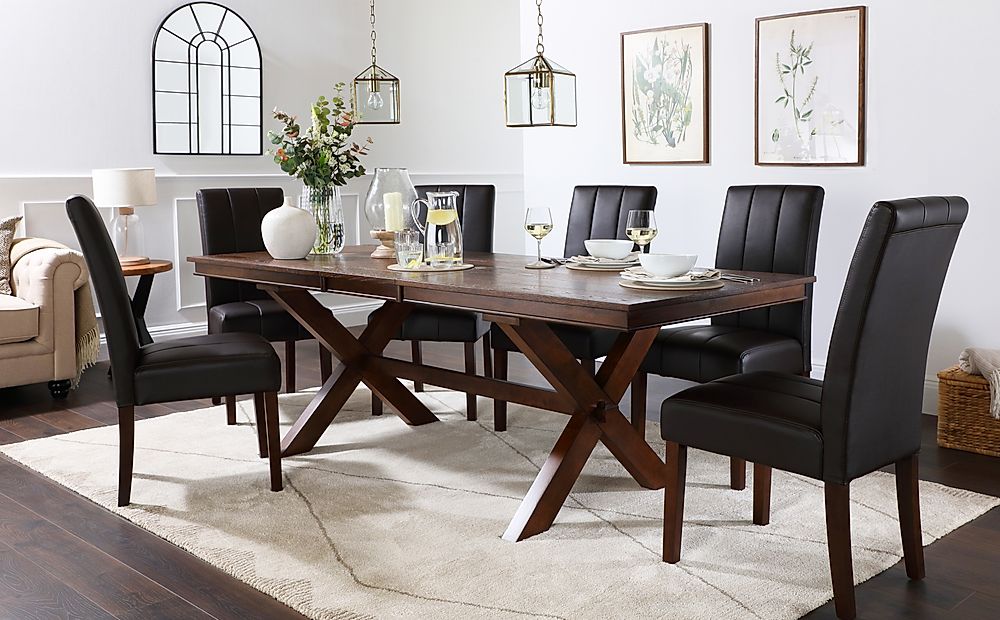 Grange Extending Dining Table & 4 Carrick Chairs, Dark Oak Veneer & Solid Hardwood, Brown Classic Faux Leather & Dark Solid Hardwood, 180-220cm