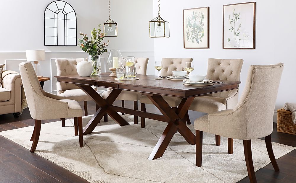 Grange Extending Dining Table & 6 Duke Chairs, Dark Oak Veneer & Solid Hardwood, Oatmeal Classic Linen-Weave Fabric & Dark Solid Hardwood, 180-220cm