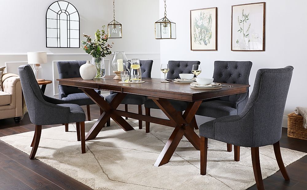 Grange Extending Dining Table & 8 Duke Chairs, Dark Oak Veneer & Solid Hardwood, Slate Grey Classic Linen-Weave Fabric & Dark Solid Hardwood, 180-220cm