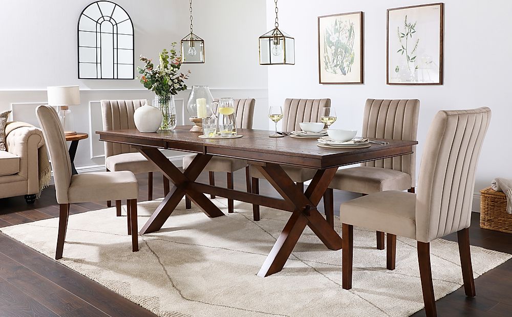 Grange Extending Dining Table & 4 Salisbury Chairs, Dark Oak Veneer & Solid Hardwood, Champagne Classic Velvet & Dark Solid Hardwood, 180-220cm