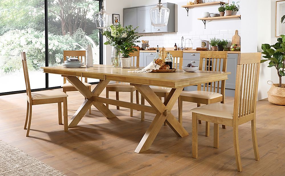 Grange Extending Dining Table & 4 Oxford Chairs, Natural Oak Veneer & Solid Hardwood, Ivory Classic Faux Leather & Natural Oak Finished Solid Hardwood, 180-220cm