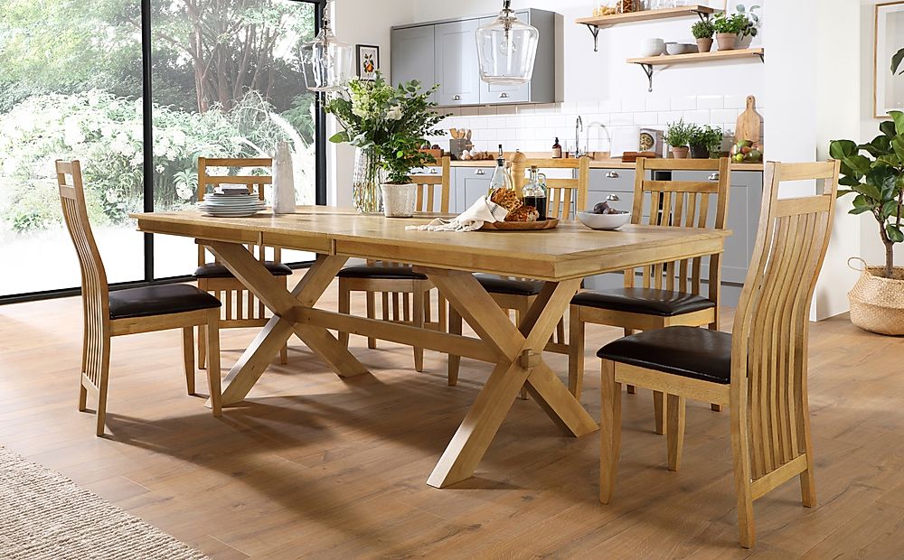 Grange Extending Dining Table & 4 Bali Chairs, Natural Oak Veneer & Solid Hardwood, Brown Classic Faux Leather & Natural Oak Finished Solid Hardwood, 180-220cm