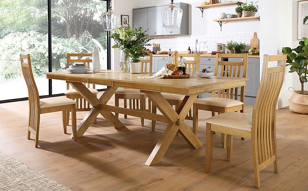 Grange Extending Dining Table & 6 Bali Chairs, Natural Oak Veneer & Solid Hardwood, Ivory Classic Faux Leather & Natural Oak Finished Solid Hardwood, 180-220cm