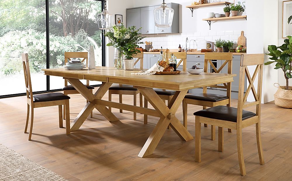 Grange Extending Dining Table & 6 Kendal Chairs, Natural Oak Veneer & Solid Hardwood, Brown Classic Faux Leather & Natural Oak Finished Solid Hardwood, 180-220cm